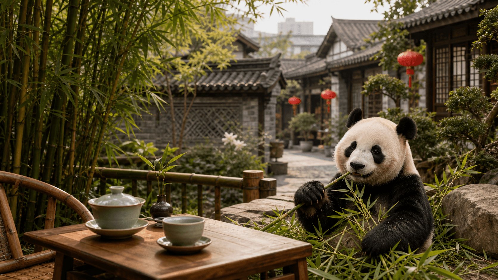 Editorial city mood image inspired by Chengdu, with a giant panda, tea-house courtyard, bamboo, and traditional lane architecture