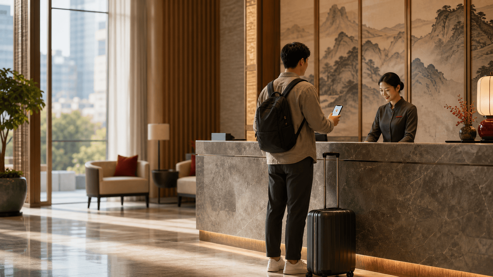 A traveler arriving with a suitcase at a welcoming hotel reception in China