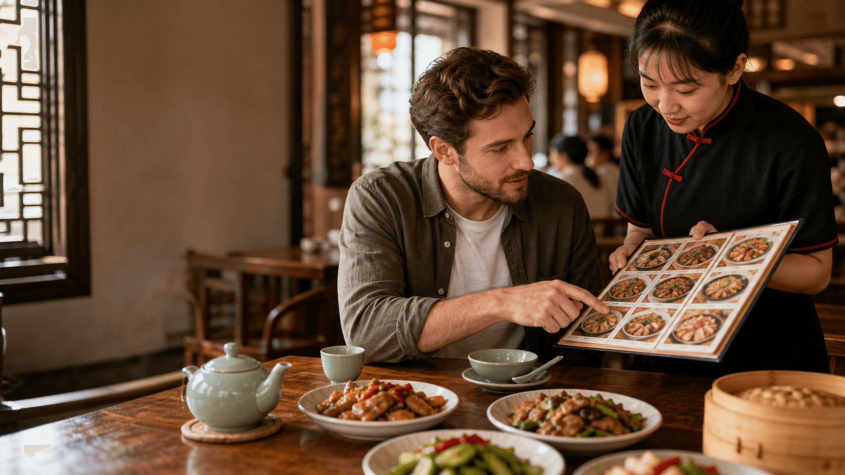 A traveler pointing politely to a photo menu while ordering food at a welcoming Chinese restaurant