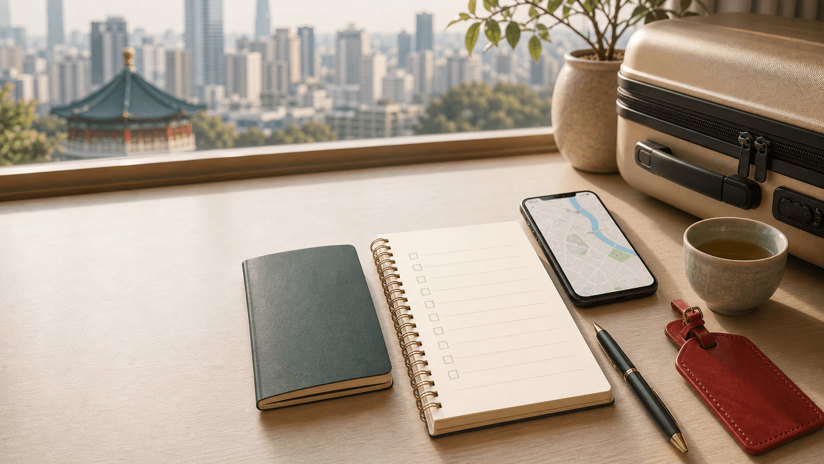 A first-trip planning desk with a blank checklist, phone map, suitcase, and Chinese city view