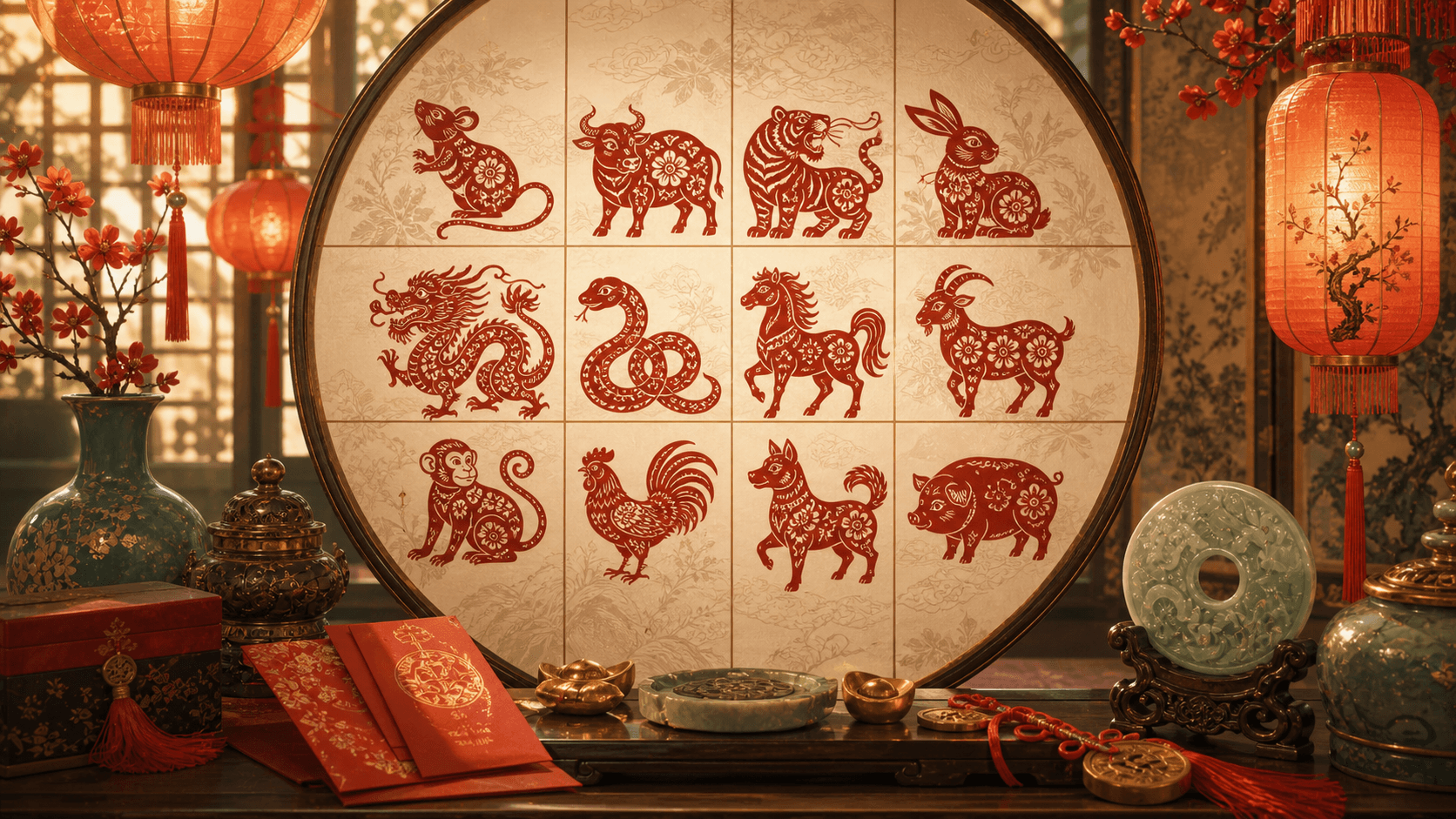 Twelve Chinese zodiac animals arranged in a traditional paper-cut style
