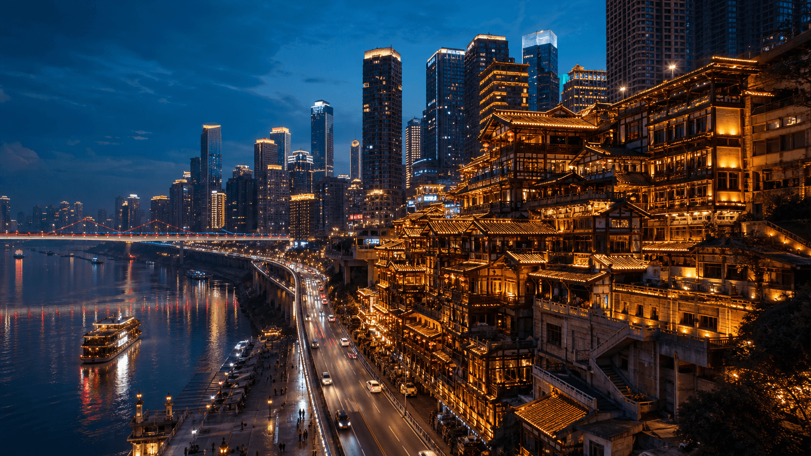 Editorial city mood image inspired by Chongqing's layered hillside skyline, river reflections, and illuminated architecture