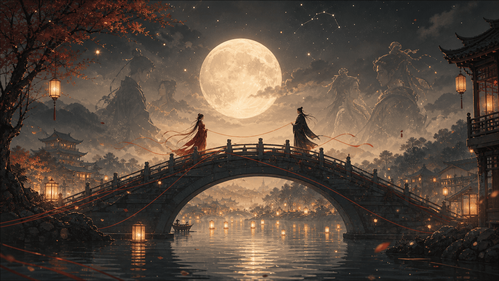 Two anonymous drama figures standing on a moonlit bridge connected by symbolic red threads of fate.