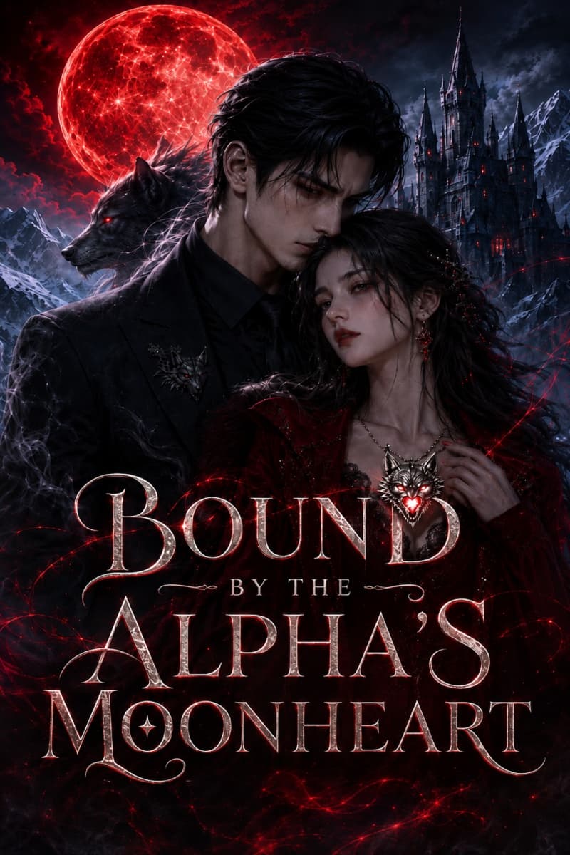Cover of Bound by the Alpha's Moonheart featuring a dark-haired couple, a wolf, a red moon, and a gothic castle