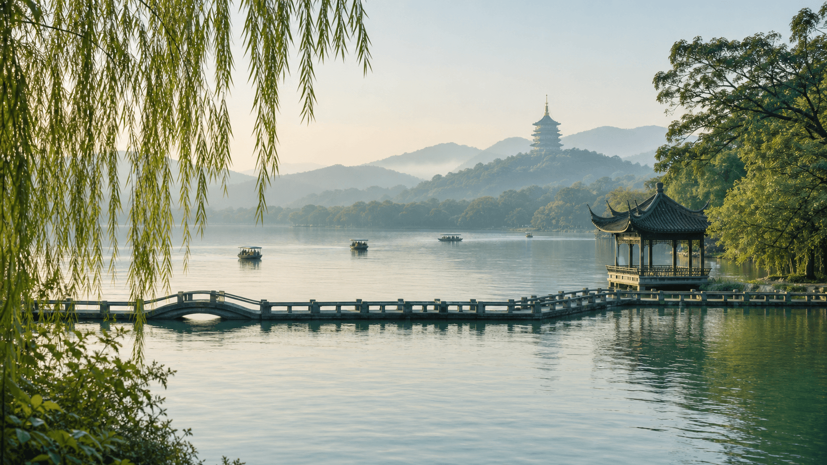 Editorial city mood image inspired by Hangzhou's West Lake, with mist, willows, a pavilion, and distant pagoda