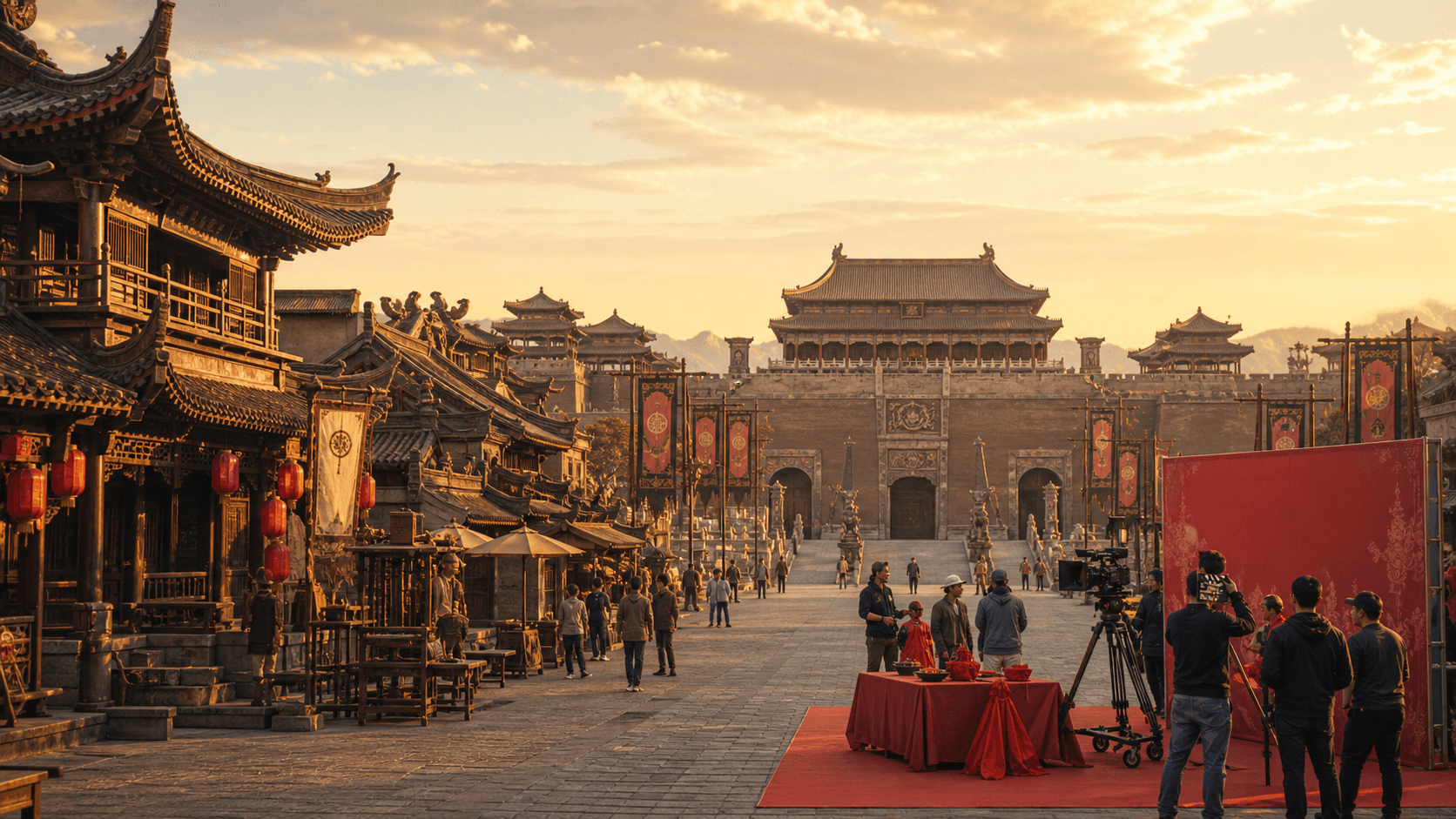 Editorial destination mood image inspired by Hengdian World Studios, with historical palace sets and a tasteful film-production launch ceremony