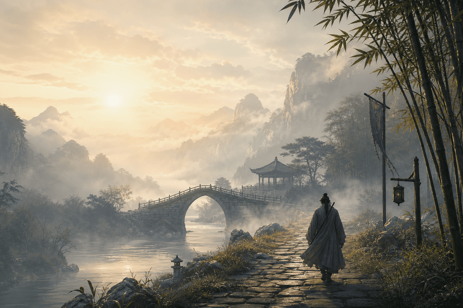A misty wuxia-inspired mountain path, river bridge, bamboo, and distant pavilion representing jianghu storytelling.