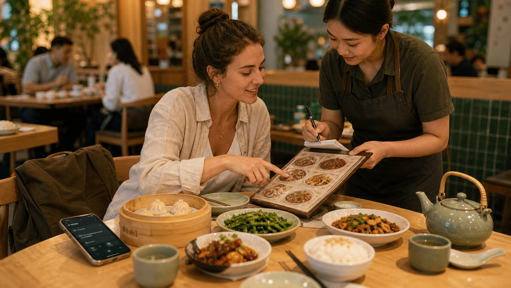Traveler pointing to a menu while ordering food at a restaurant