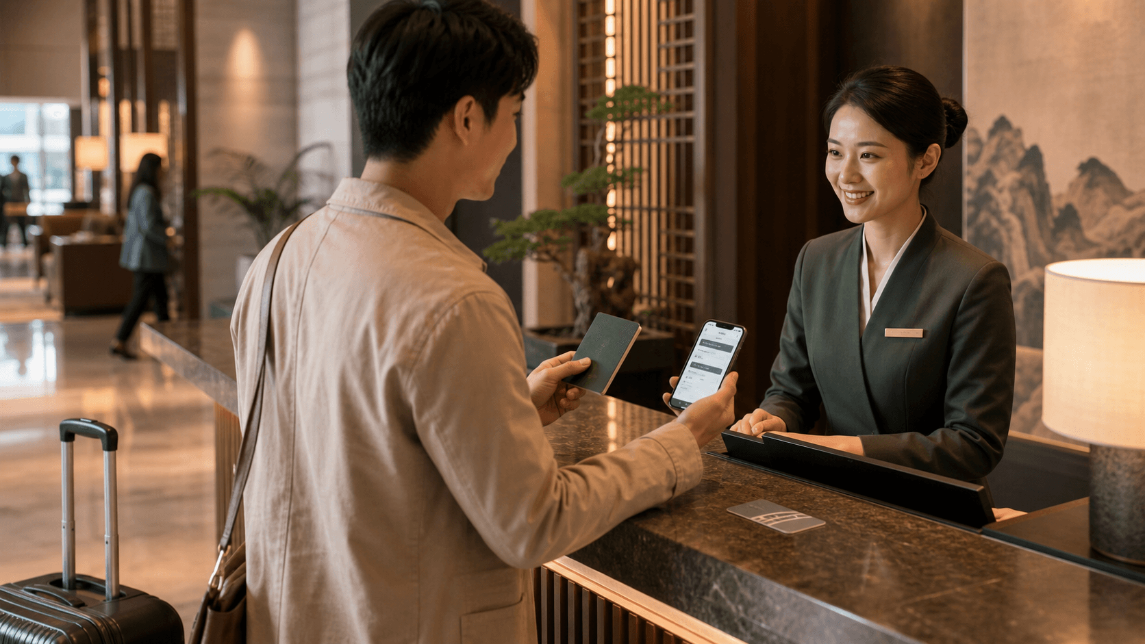 Traveler presenting a booking phone screen at a hotel front desk