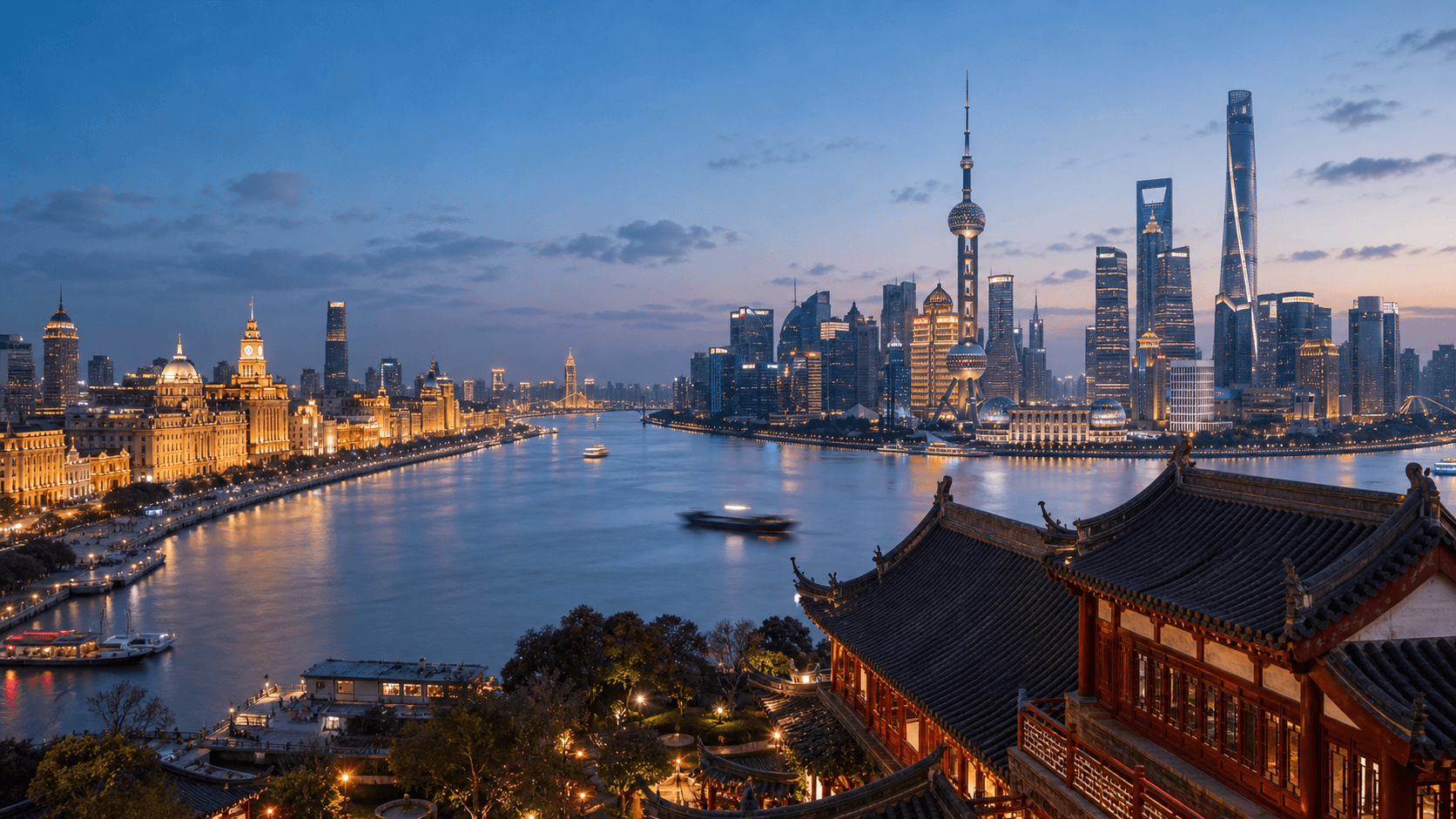 Editorial city mood image inspired by Shanghai, with the Bund, Huangpu River, Pudong skyline, and Yuyuan Garden roof details