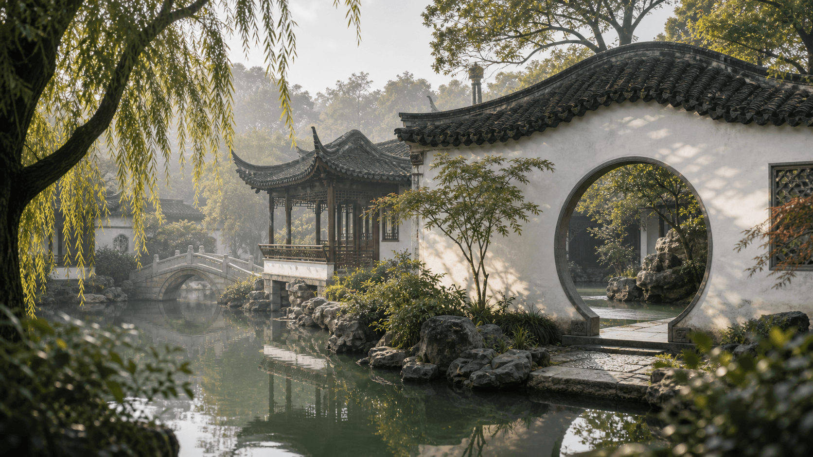 Editorial city mood image inspired by Suzhou gardens, with a pond, tiled roofs, and a moon gate