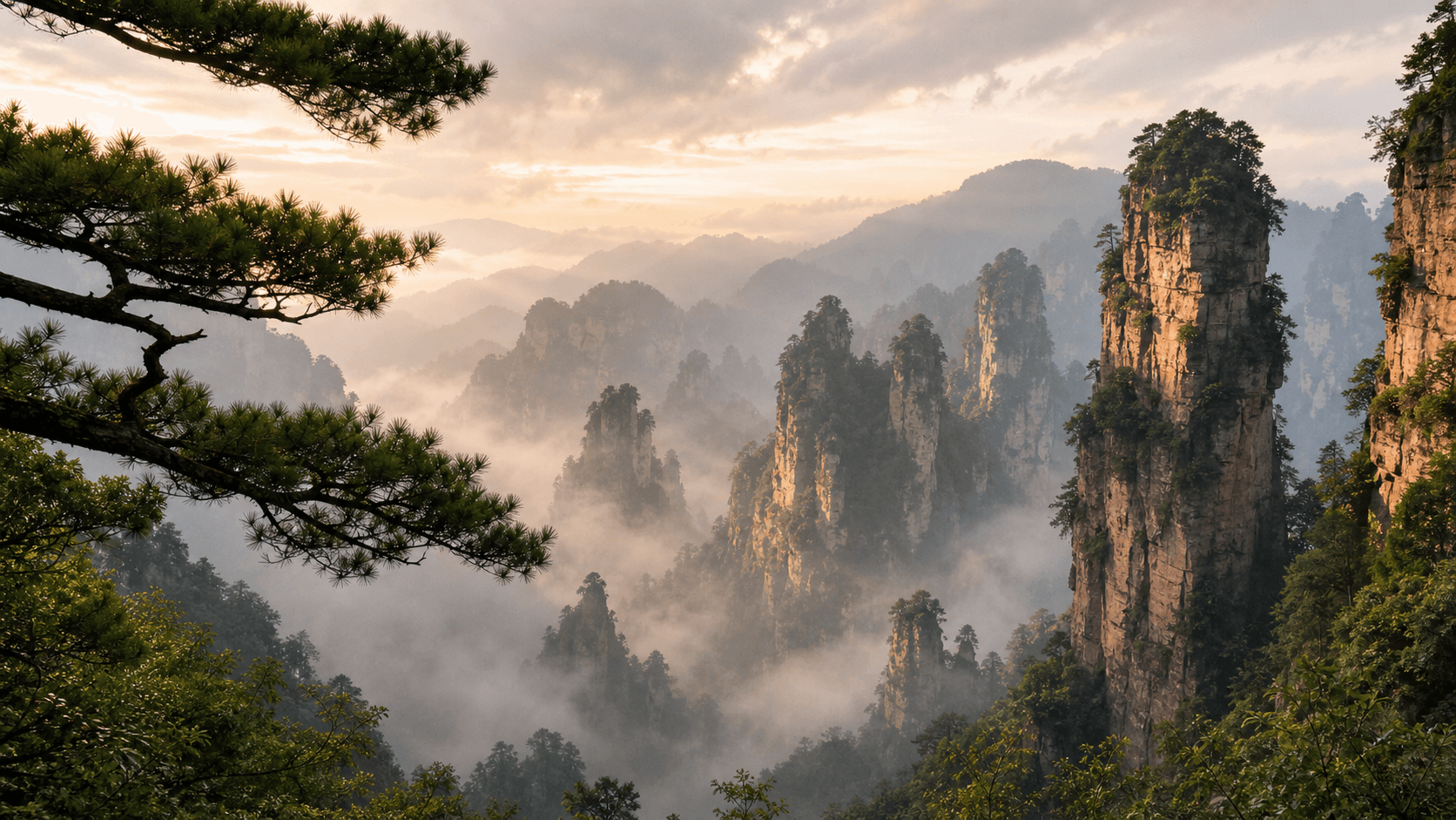 Editorial city mood image inspired by Zhangjiajie's sandstone pillar mountains rising through morning mist