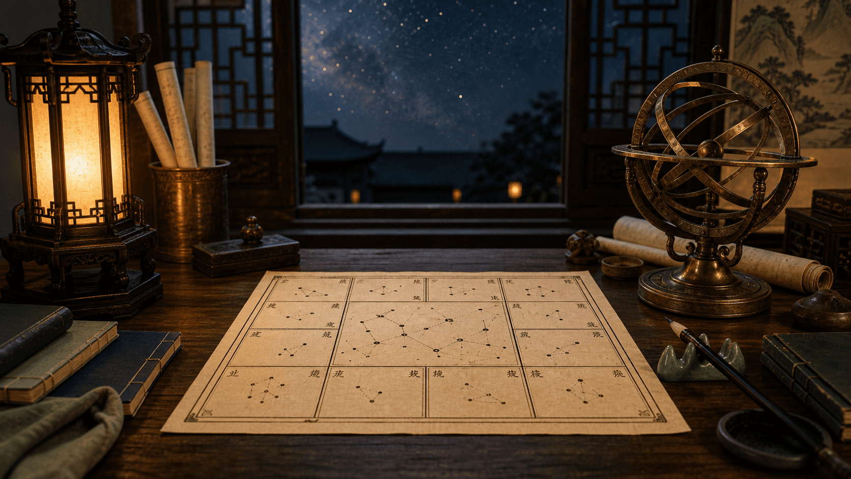 Traditional Chinese study with a symbolic twelve-palace star chart, lantern, and celestial instrument