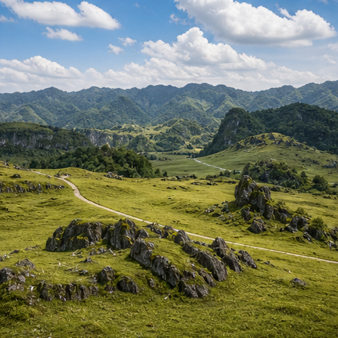 Fairy Mountain grassland and karst hills near Wulong.