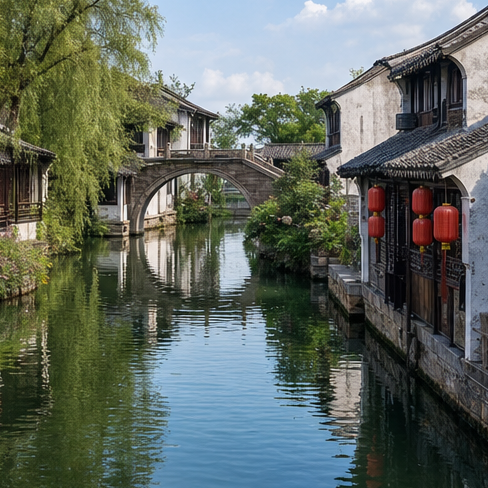 Xitang water town canal and bridge near Hangzhou.