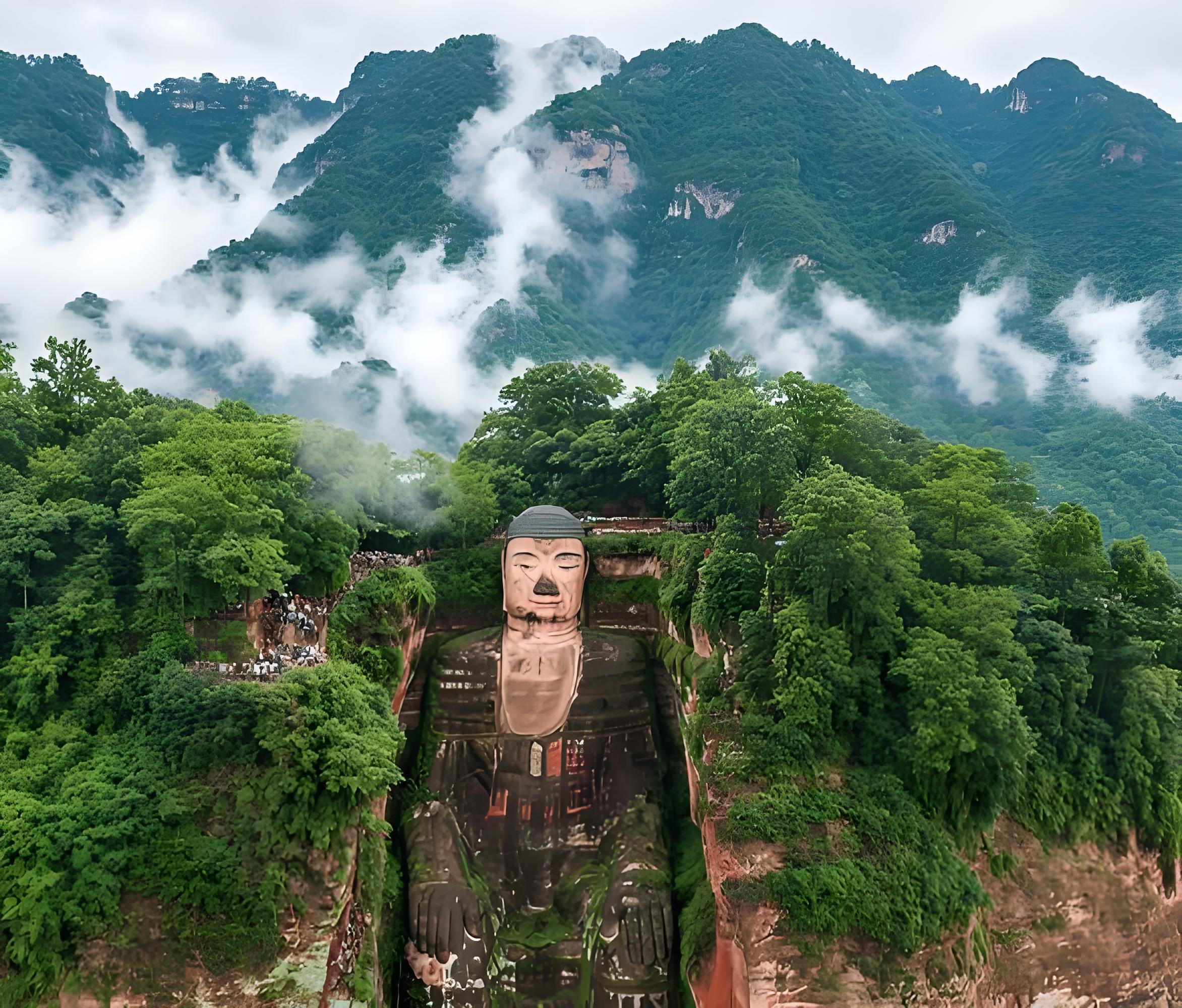 Leshan Giant Buddha cliffside river view near Chengdu.