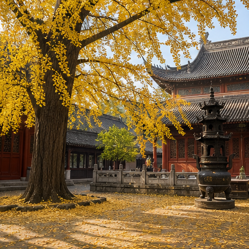 Ancient Guanyin Temple courtyard with a ginkgo tree near Xi'an.
