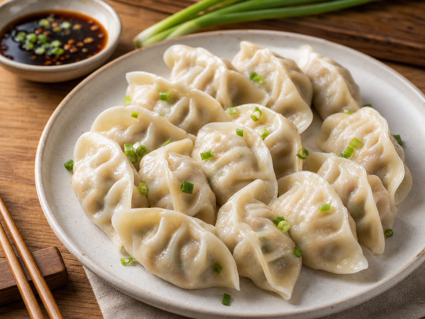 Finished jiaozi dumplings on a plate with dipping sauce.