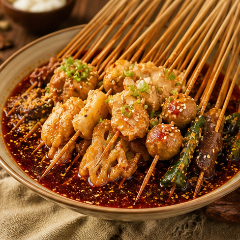 Chuanchuan skewers cooked in spicy broth.
