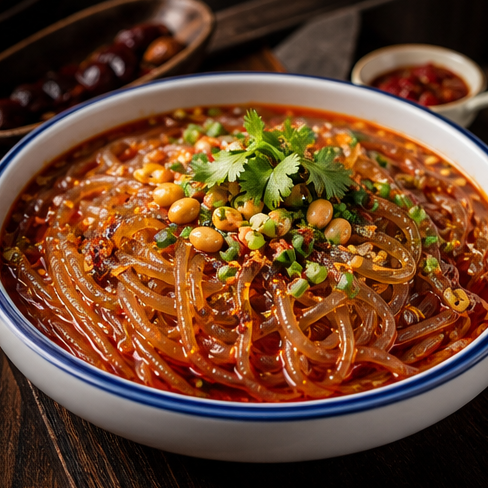 Suanlafen sour-spicy sweet-potato noodles.