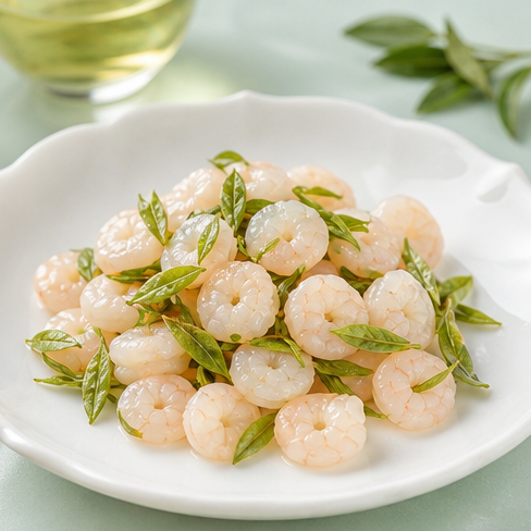 Longjing shrimp, a delicate Hangzhou tea-and-shrimp dish.