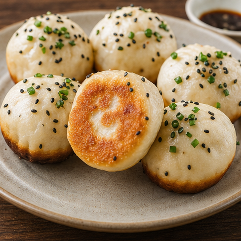 Shengjian pan-fried buns with browned bottoms.