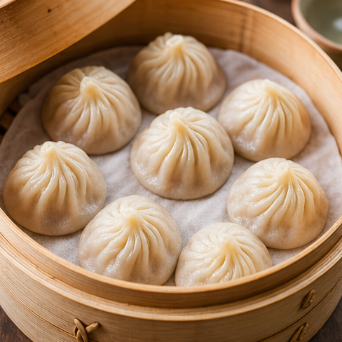 Xiaolongbao soup dumplings with thin wrappers and hot broth.