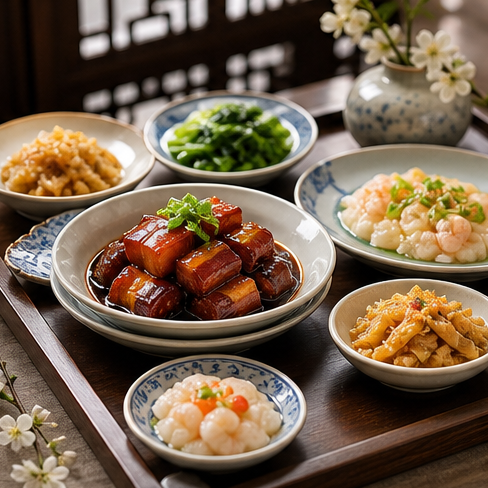 A Jiangnan table with delicate local dishes.