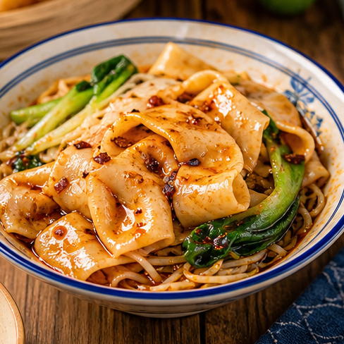 Biangbiang noodles with chili oil and vegetables.