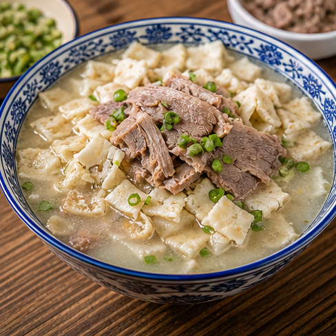 Yangrou paomo lamb soup with torn flatbread.