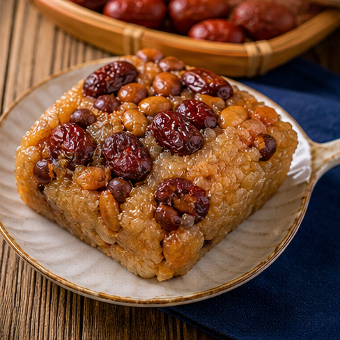 Zenggao sticky rice cake with dates and beans.