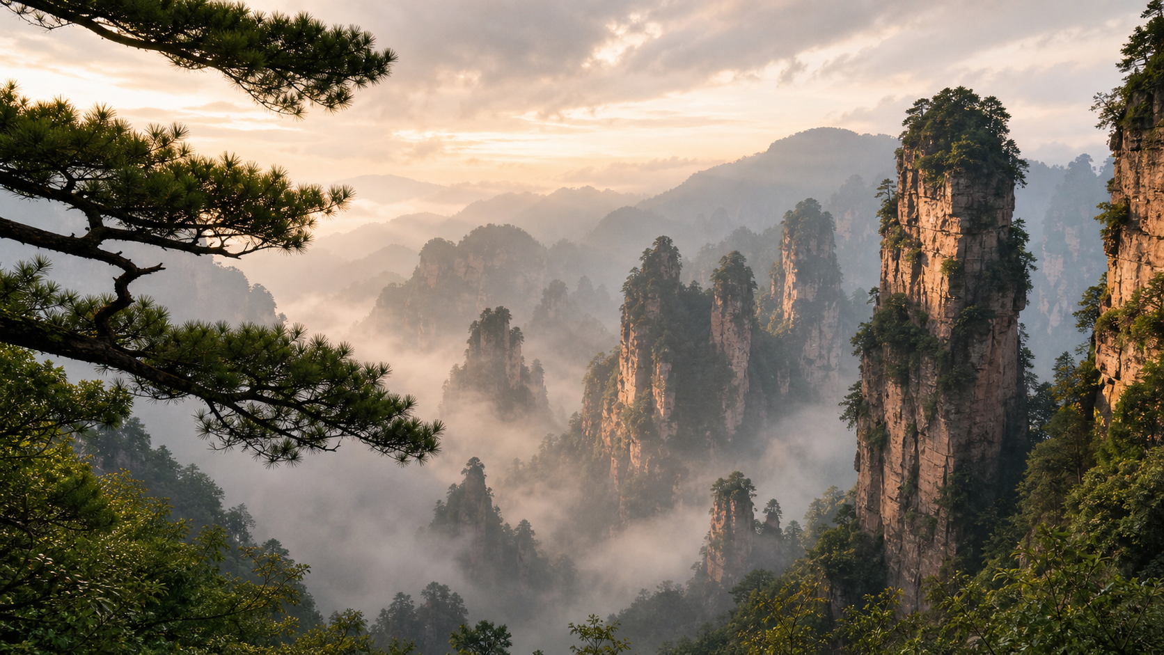 Sandstone pillar mountains in Zhangjiajie's Wulingyuan Scenic Area.